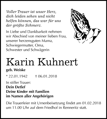 Traueranzeige von Karin Kuhnert von Mitteldeutsche Zeitung Bitterfeld