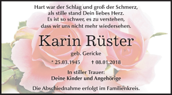 Traueranzeige von Karin Rüster von Mitteldeutsche Zeitung Aschersleben