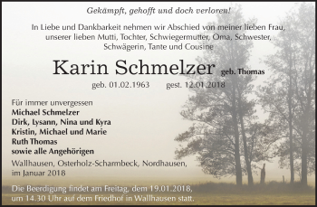 Traueranzeige von Karin Schmelzer von Mitteldeutsche Zeitung Sangerhausen