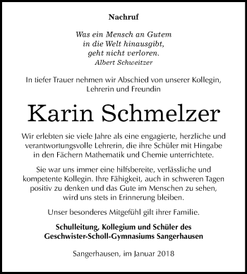 Traueranzeige von Karin Schmelzer von Mitteldeutsche Zeitung Sangerhausen