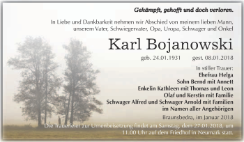 Traueranzeige von Karl Bojanowski von WVG - Wochenspiegel Merseburg