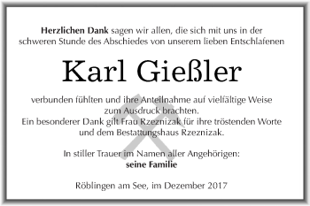 Traueranzeige von Karl Gießler von Wochenspiegel Mansfelder Land
