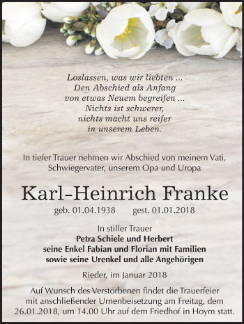 Traueranzeige von Karl-Heinrich Franke von Mitteldeutsche Zeitung Quedlinburg
