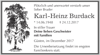 Traueranzeige von Karl-Heinz Burdack von Super Sonntag Bernburg