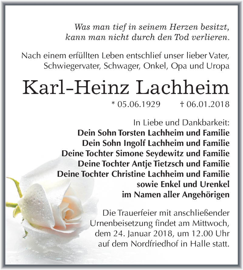  Traueranzeige für Karl-Heinz Lachheim vom 20.01.2018 aus Mitteldeutsche Zeitung Halle/Saalkreis