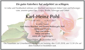 Traueranzeige von Karl-Heinz Pohl von Wochenspiegel Mansfelder Land