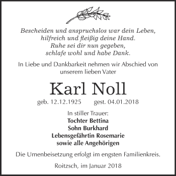 Traueranzeige von Karl Noll von WVG - Wochenspiegel Bitterfeld