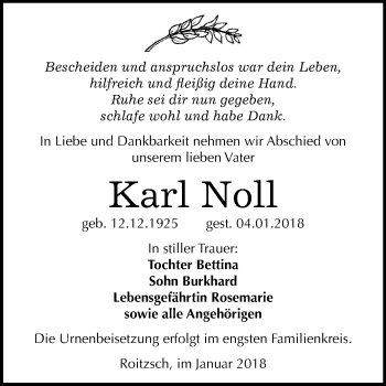 Traueranzeige von Karl Noll von Mitteldeutsche Zeitung Bitterfeld