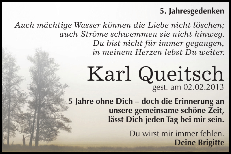  Traueranzeige für Karl Queitsch vom 27.01.2018 aus WVG - Wochenspiegel Dessau / Köthen