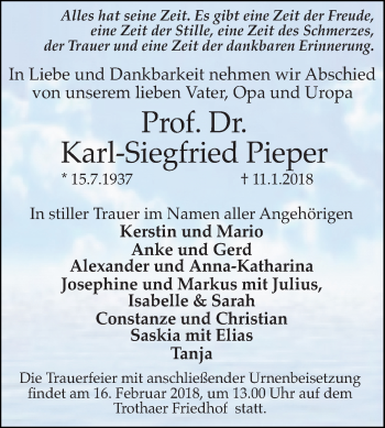 Traueranzeige von Karl-Siegfried Pieper von Mitteldeutsche Zeitung Halle/Saalkreis