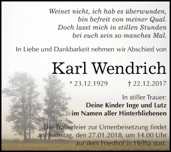 Traueranzeige von Karl Wendrich von Wochenspiegel Mansfelder Land