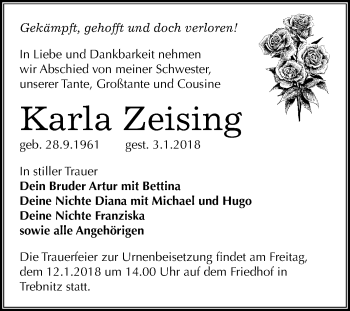 Traueranzeige von Karla Zeising von Mitteldeutsche Zeitung Merseburg/Querfurt