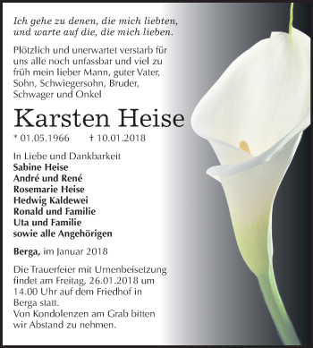 Traueranzeige von Karsten Heise von Mitteldeutsche Zeitung Sangerhausen