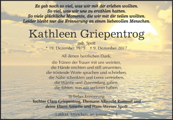 Traueranzeige von Kathleen Griepentrog von Super Sonntag Bernburg