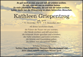 Traueranzeige von Kathleen Griepentrog von Mitteldeutsche Zeitung Bernburg