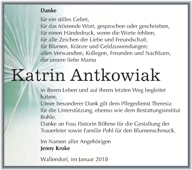  Traueranzeige für Katrin Antkowiak vom 13.01.2018 aus WVG - Wochenspiegel Merseburg