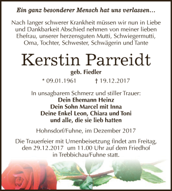 Traueranzeige von Kerstin Parreidt von WVG - Wochenspiegel Dessau / Köthen