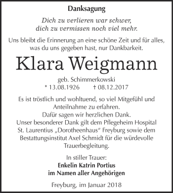 Traueranzeige von Klara Weigmann von WVG - Wochenspiegel NMB / WSF / ZTZ