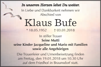 Traueranzeige von Klaus Bufe von WVG - Wochenspiegel Merseburg