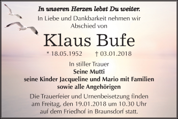 Traueranzeige von Klaus Bufe von Mitteldeutsche Zeitung Merseburg/Querfurt