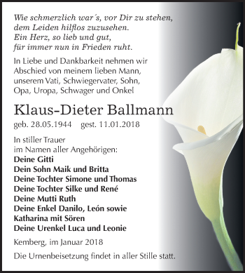 Traueranzeige von Klaus-Dieter Ballmann von Mitteldeutsche Zeitung