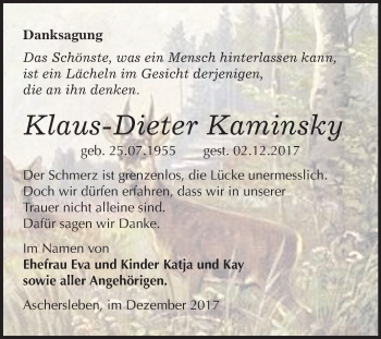 Traueranzeige von Klaus-Dieter Kaminsky von Mitteldeutsche Zeitung