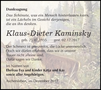 Traueranzeige von Klaus-Dieter Kaminsky von Super Sonntag Quedlinburg