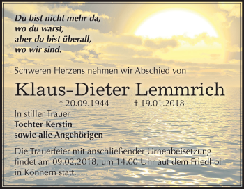 Traueranzeige von Klaus-Dieter Lemmrich von Mitteldeutsche Zeitung Bernburg
