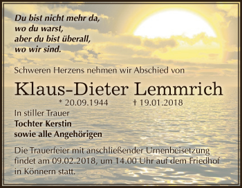 Traueranzeige von Klaus-Dieter Lemmrich von Super Sonntag Bernburg