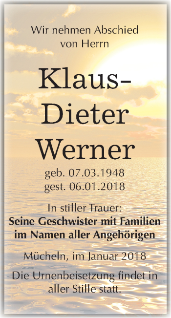 Traueranzeige von Klaus-Dieter Werner von Mitteldeutsche Zeitung Merseburg/Querfurt
