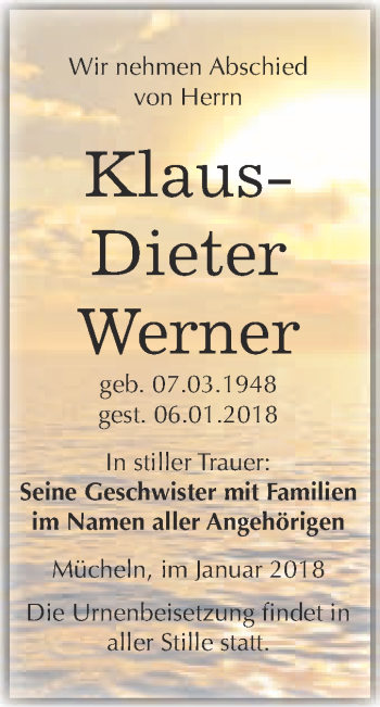 Traueranzeige von Klaus-Dieter Werner von WVG - Wochenspiegel Merseburg