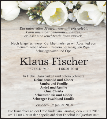 Traueranzeige von Klaus Fischer von Mitteldeutsche Zeitung Merseburg/Querfurt