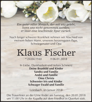Traueranzeige von Klaus Fischer von WVG - Wochenspiegel Merseburg