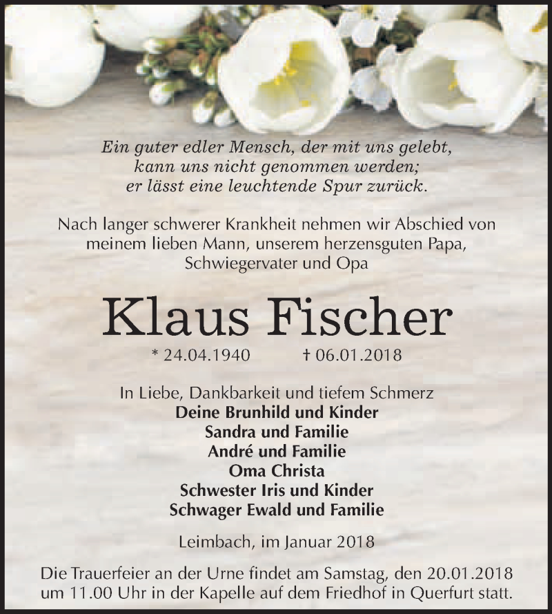  Traueranzeige für Klaus Fischer vom 13.01.2018 aus WVG - Wochenspiegel Merseburg