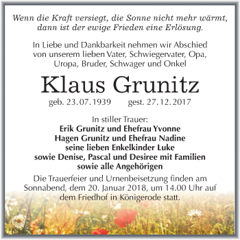 Traueranzeige von Klaus Grunitz von Mitteldeutsche Zeitung Quedlinburg