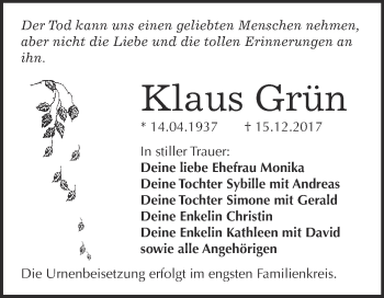 Traueranzeige von Klaus Grün von WVG - Wochenspiegel Bitterfeld