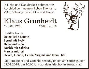 Traueranzeige von Klaus Grünheidt von WVG - Wochenspiegel Dessau / Köthen