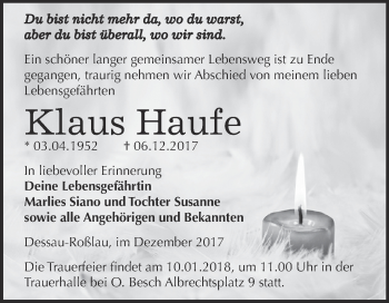 Traueranzeige von Klaus Haufe von WVG - Wochenspiegel Dessau / Köthen