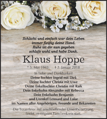 Traueranzeige von Klaus Hoppe von WVG - Wochenspiegel Dessau / Köthen