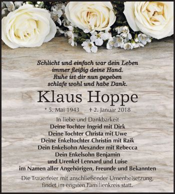 Traueranzeige von Klaus Hoppe von Mitteldeutsche Zeitung Dessau-Roßlau