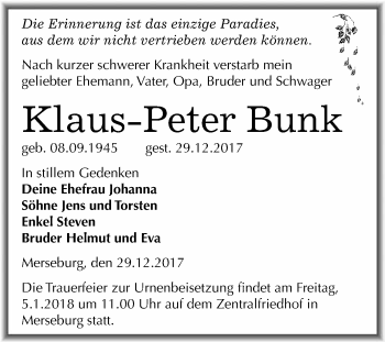 Traueranzeige von Klaus-Peter Bunk von WVG - Wochenspiegel Merseburg