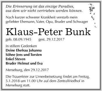 Traueranzeige von Klaus-Peter Bunk von Mitteldeutsche Zeitung Merseburg/Querfurt