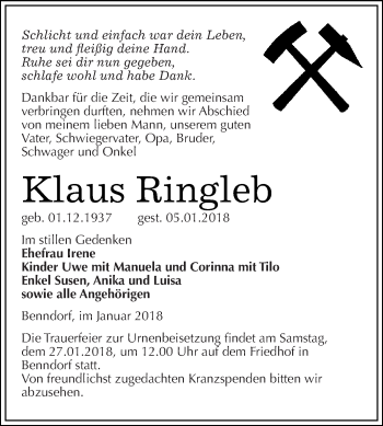 Traueranzeige von Klaus Ringleb von Wochenspiegel Mansfelder Land