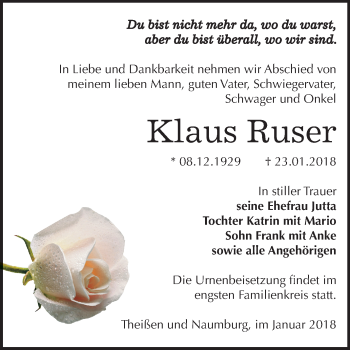 Traueranzeige von Klaus Ruser von Mitteldeutsche Zeitung Zeitz