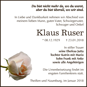 Traueranzeige von Klaus Ruser von Super Sonntag Zeitz