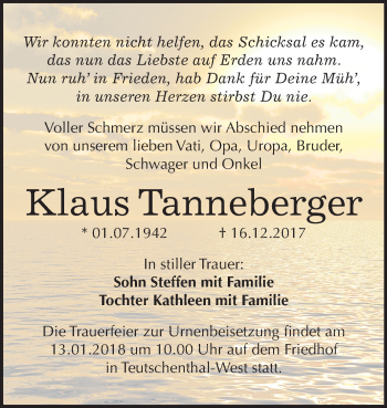 Traueranzeige von Klaus Tanneberger von Mitteldeutsche Zeitung Halle/Saalkreis