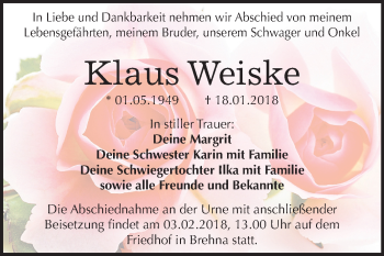 Traueranzeige von Klaus Weiske von Mitteldeutsche Zeitung Bitterfeld