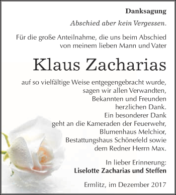 Traueranzeige von Klaus Zacharias von Super Sonntag Merseburg