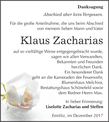 Traueranzeige von Klaus Zacharias von Mitteldeutsche Zeitung Merseburg/Querfurt