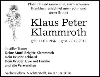 Traueranzeige von Klaus Peter Klammroth von Mitteldeutsche Zeitung Aschersleben